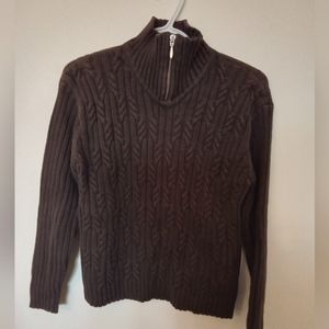 Vintage Chocolate Brown Zip Front Pullover Cableknit Sweater Size M